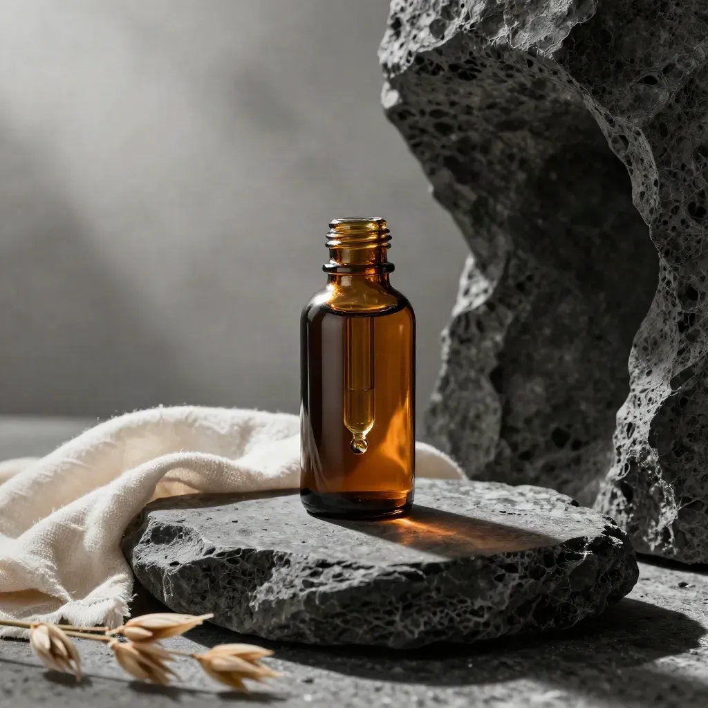 Macro of an amber CBD oil bottle with dropper on dark stone beside folded linen.