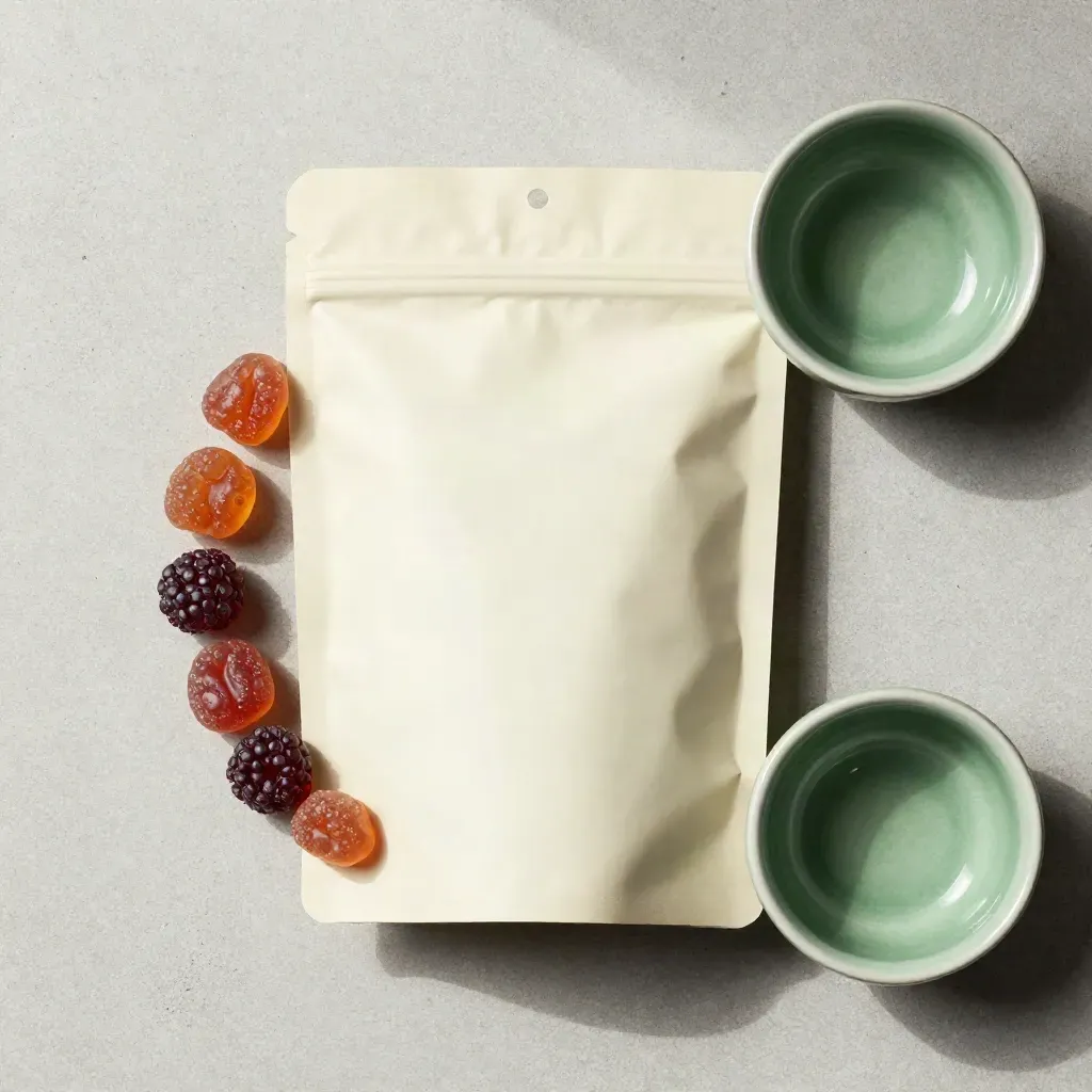 Overhead flatlay of berry gummies pouch, crescent spill, and green ceramic bowl on pale concrete.