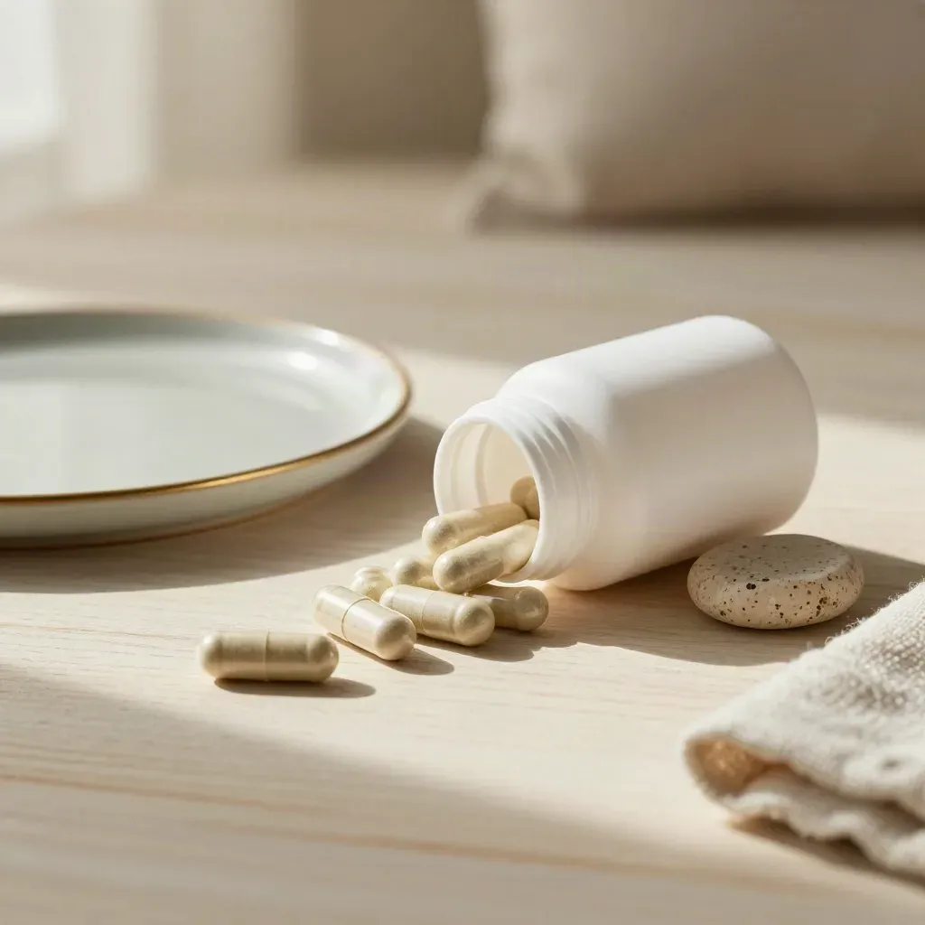 CBD capsule bottle with capsules spilling across pale wood beside chalky stone, softly lit.