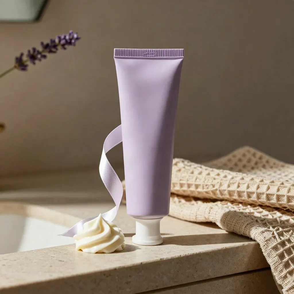 Lavender CBD hand cream tube with cream swirl and waffle cloth on stone ledge.