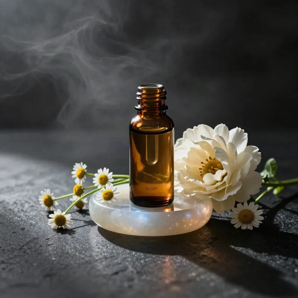 CBD sleep tincture bottle with dropper, moonstone dish, and chamomile stems on a dark studio surface.
