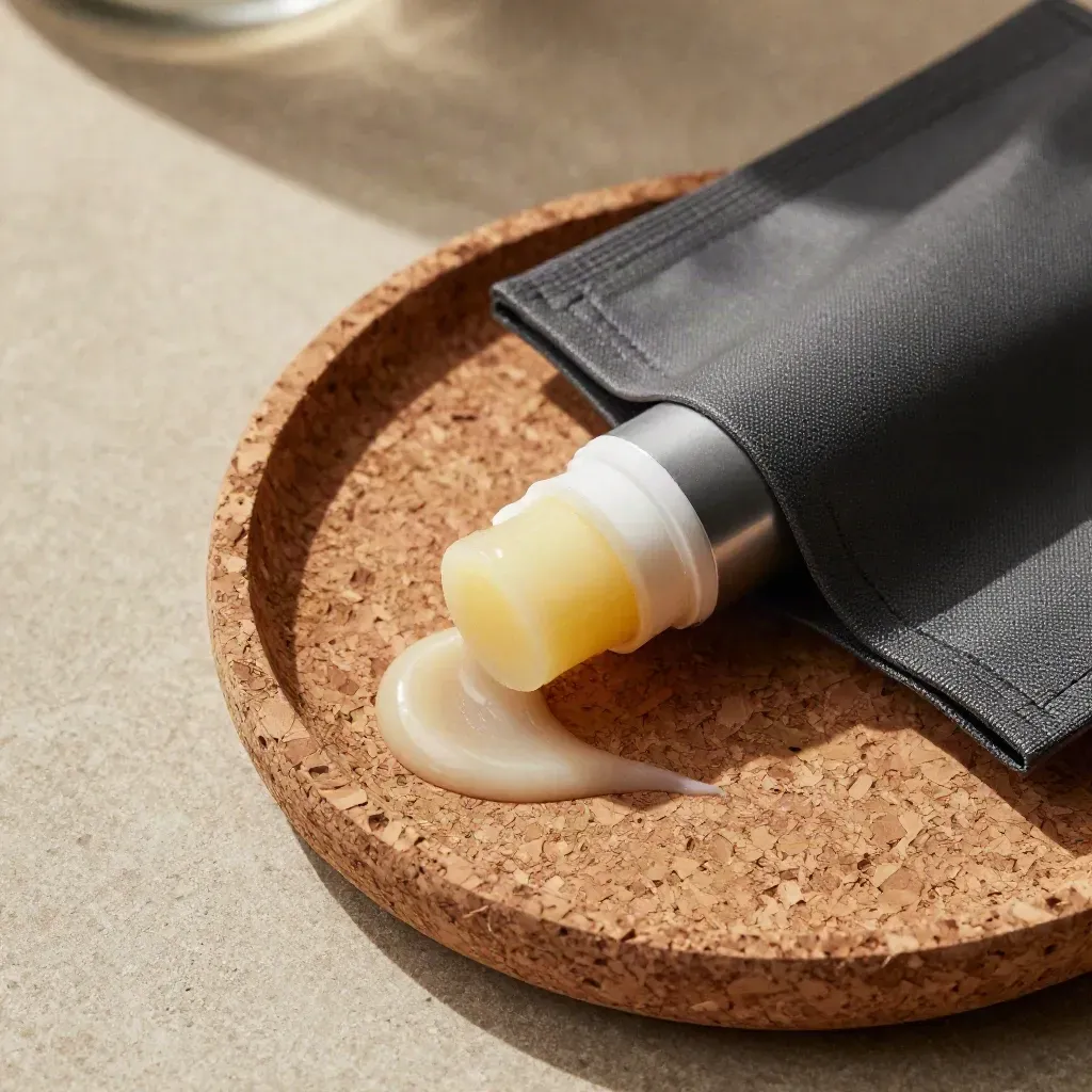 Top-down CBD balm stick, balm swipe, cork tray and charcoal travel pouch on stone.