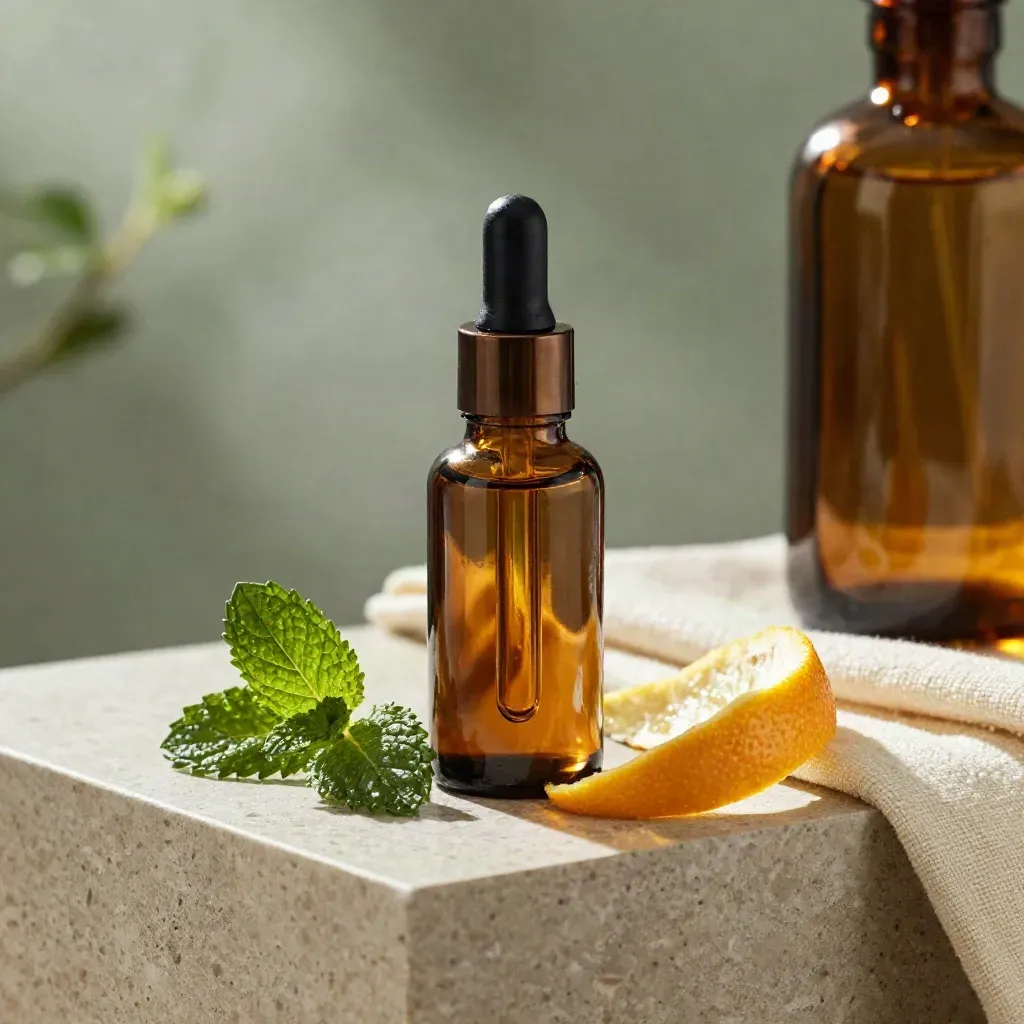 Amber CBD oil bottle with citrus peel and mint on a misty stone ledge.