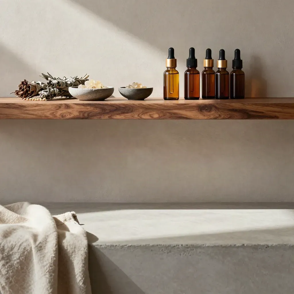 CBD oil bottles and dried stems on a cedar shelf in soft morning light