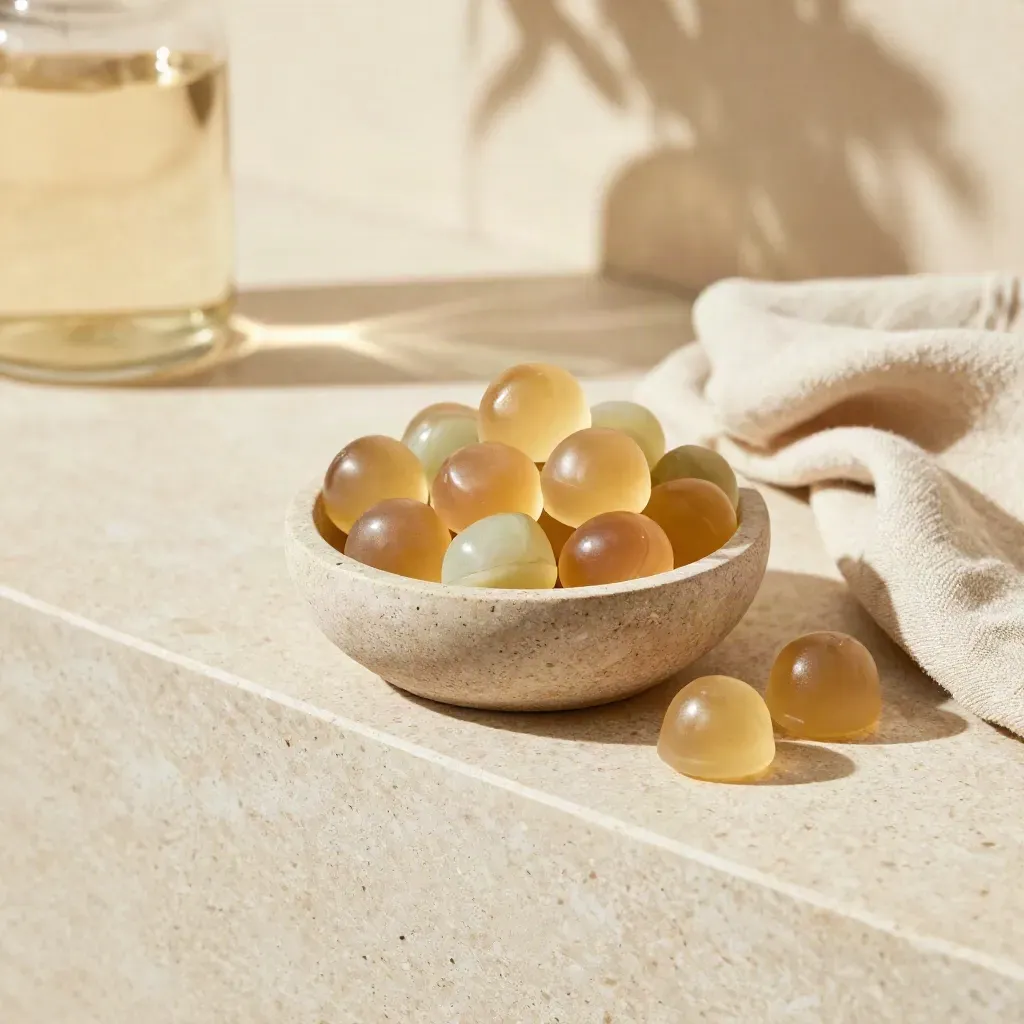 Travertine ledge with gummy bowl, glass vessel, and linen in warm afternoon light.