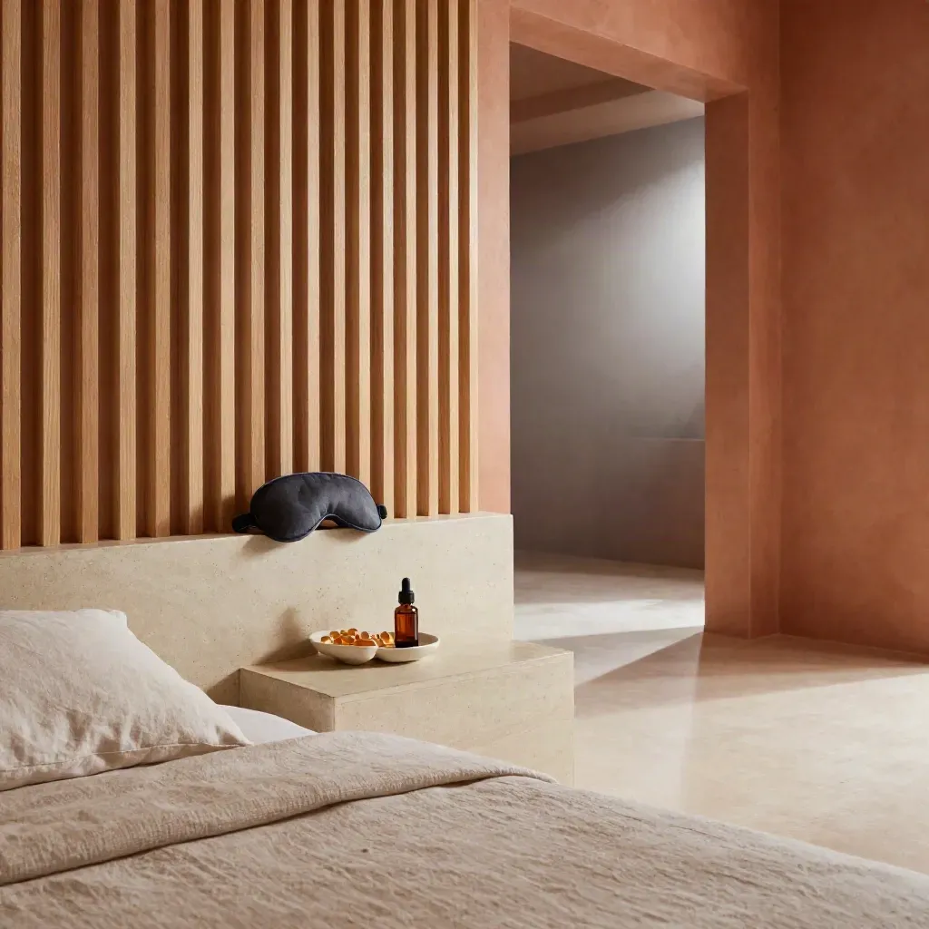 Sunlit bedroom with linen bed edge, slatted wall, doorway haze, and small CBD sleep-support items.