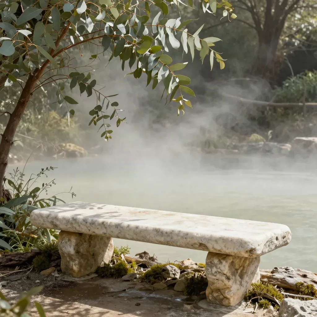 Misty forest spring with stone bench, eucalyptus branches, and calm open space below.