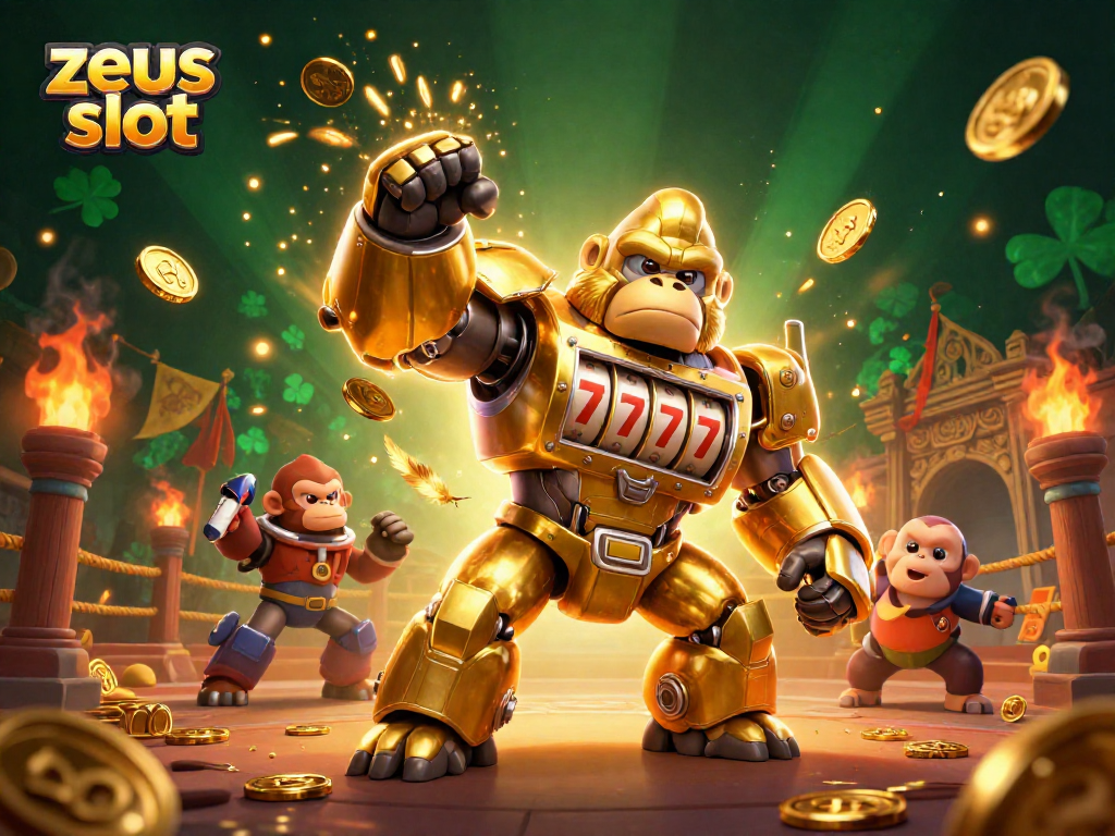 Experience the thrilling action of zeus slot with a golden mech and dynamic casino elements exploding in the scene.