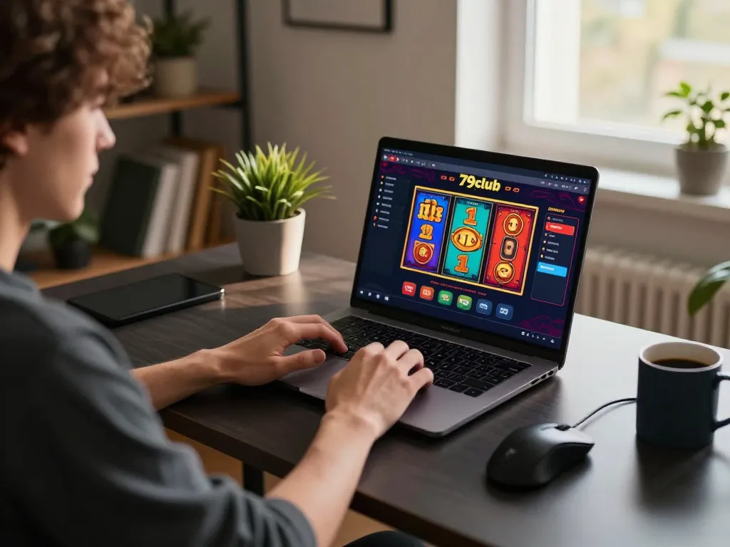 Engaging in online gaming at 79club with vibrant casino interface and cozy atmosphere