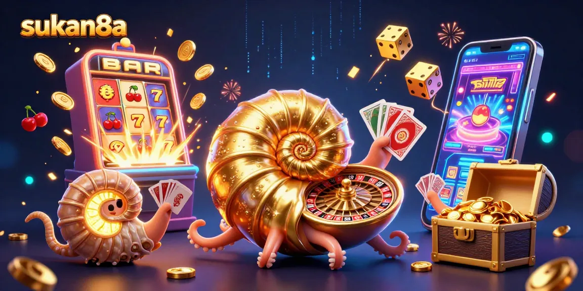 Play and win at sukan8a with a vibrant 3D casino scene showcasing exciting games and jackpots.