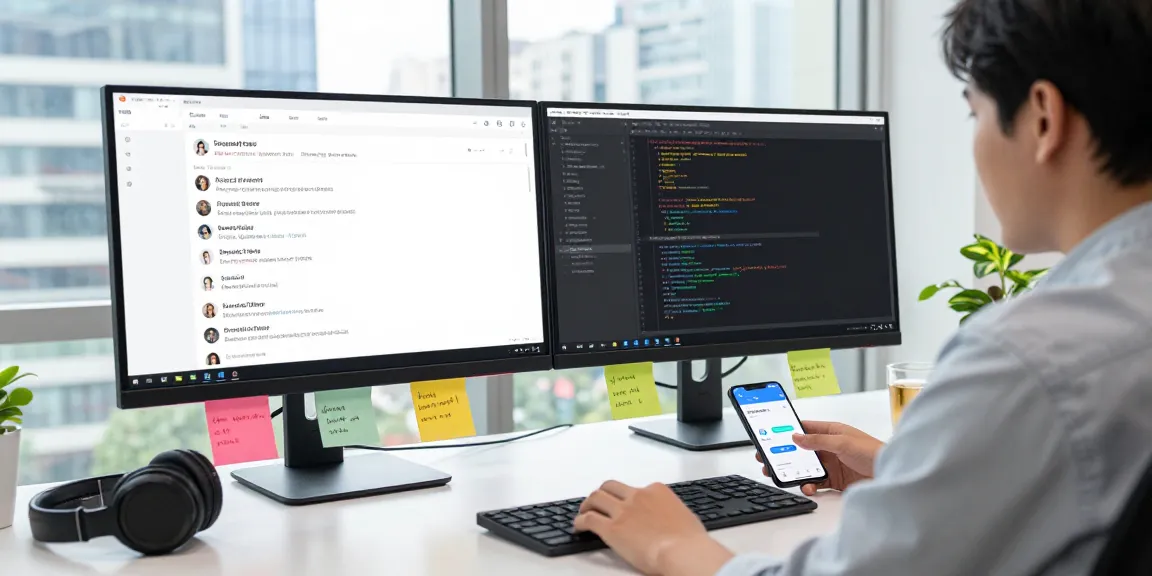 Engaged user navigating the telegram中文 interface on dual monitors in a modern tech workspace.