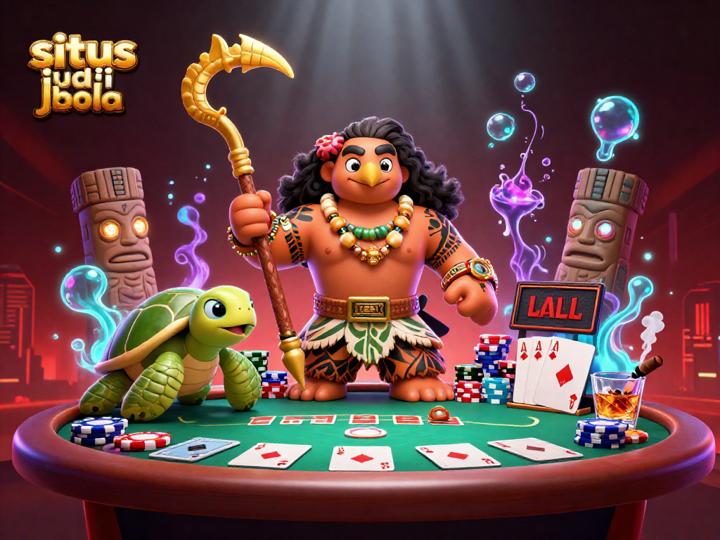 Win big at situs judi bola with an epic 3D illustration of a demigod and poker elements.