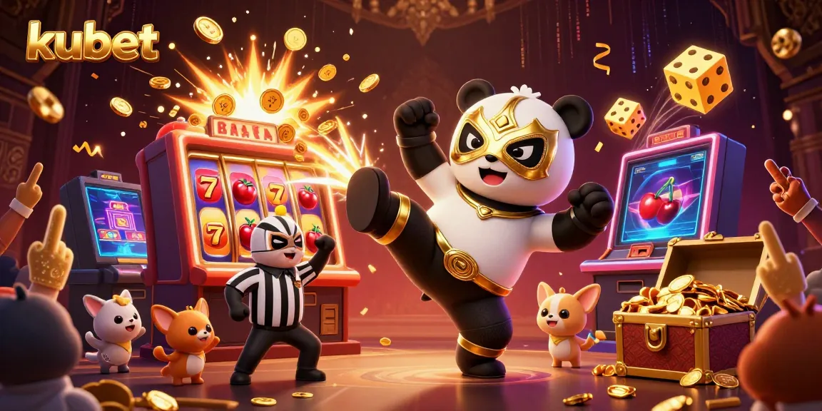 Experience the excitement of kubet with a panda wrestler, golden casino elements, and dynamic game visuals.
