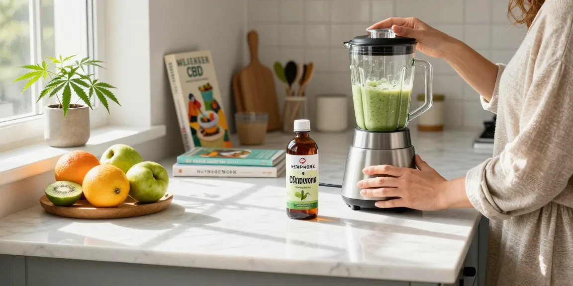 CBD Online - Healthy person preparing a CBD-infused smoothie in a bright kitchen with natural wellness products.