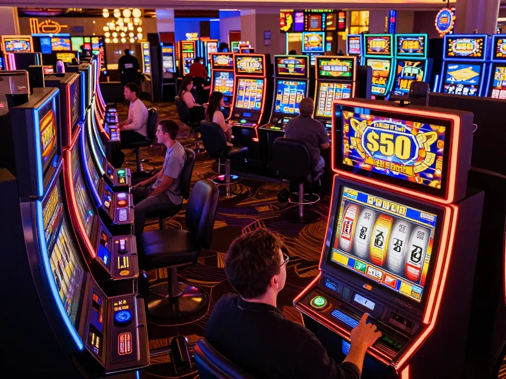 Players enjoying vibrant slot machines with a focus on the thrilling slot bet 50 action.