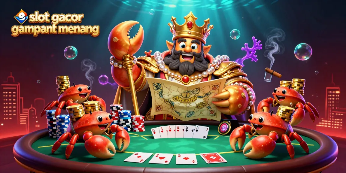 Experience the thrill of slot gacor gampang menang with a vibrant 3D illustration of a golden crab emperor amidst casino action.