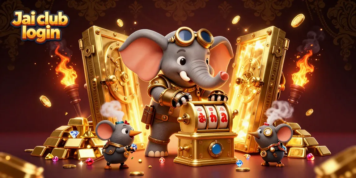 Engage with Jai club login as a steampunk elephant operates a golden slot machine amidst swirling treasures.
