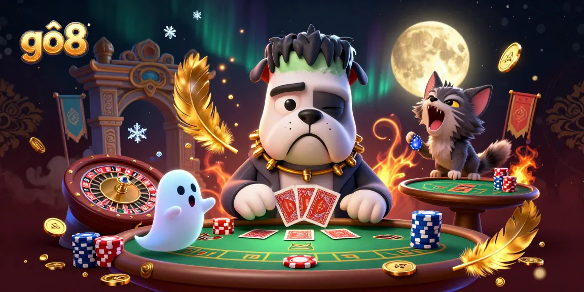 Engage with gô8 through an electrifying casino illustration featuring a Frankenstein bulldog dealer amidst vibrant gaming elements.