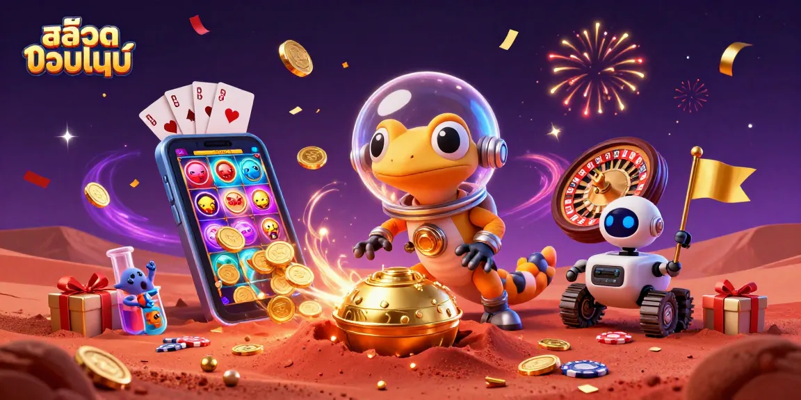 Experience thrilling สล็อตออนไลน์ with games and celebratory elements in this energetic 3D illustration.