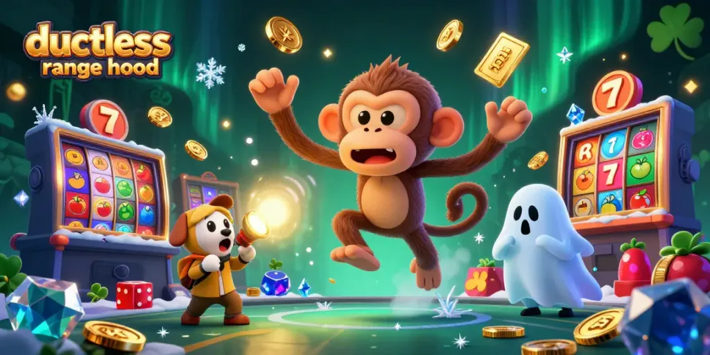 Ductless range hood juggles casino items in a dynamic gambling scene with a playful puppy