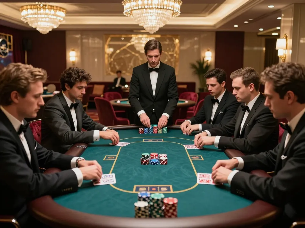 B52 gaming scene with players engaged in an intense poker game surrounded by luxurious decor and professional atmosphere.