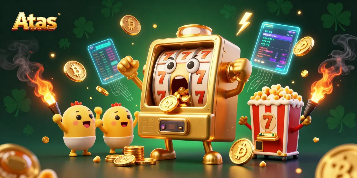 Atas slot machine cheers as it hits a jackpot, surrounded by crypto elements and vibrant casino theme.