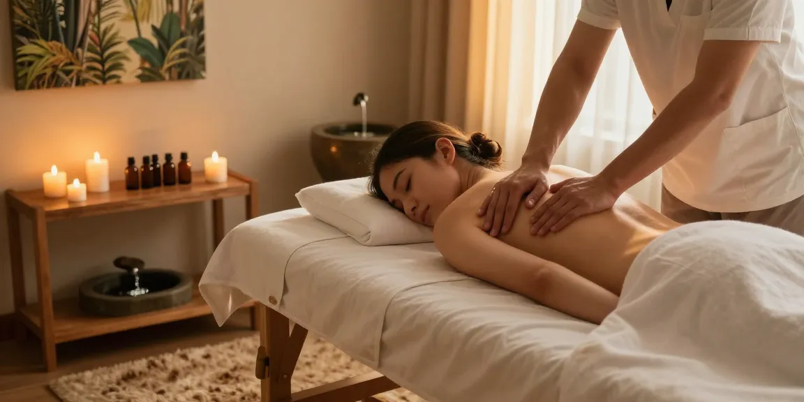 Serene 스웨디시 massage therapy room with ambient lighting and calming decor.