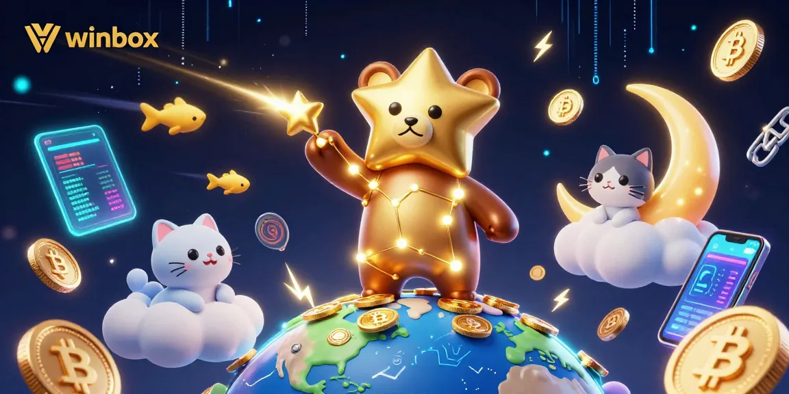 Join the action at Winbox, with constellation bear and cryptocurrency coins in a vibrant casino universe.
