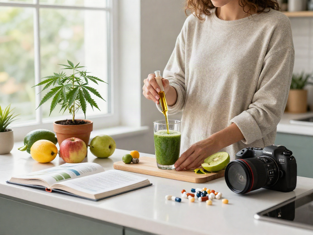 Most trusted online dispensary shipping worldwide CBD oil and fresh hemp healthy smoothie in a bright kitchen.