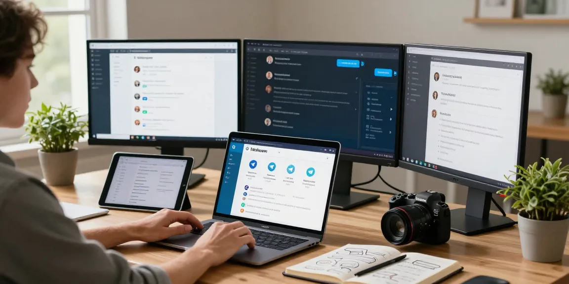 Using Telegram Web Version on a laptop in a modern home office with vibrant digital displays.