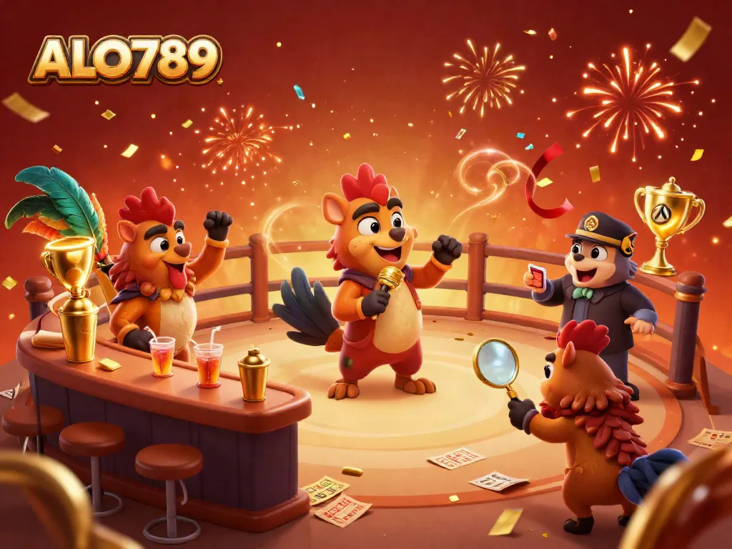 Experience cockfighting excitement at ALO789 with comedic hyenas in a vibrant 3D illustration.