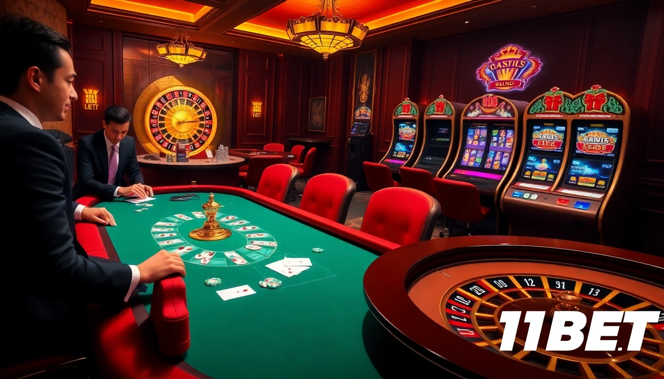 Exciting poker game at 11BET casino with vibrant chips and glowing roulette wheel.