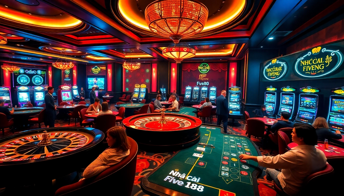Casino scene with players engaged at tables, highlighting Nhà cái Five88's exciting gambling atmosphere.