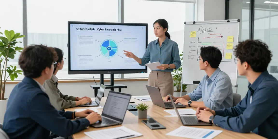 Collaboration on cyber essentials vs cyber essentials plus in a tech office with team discussing compliance.