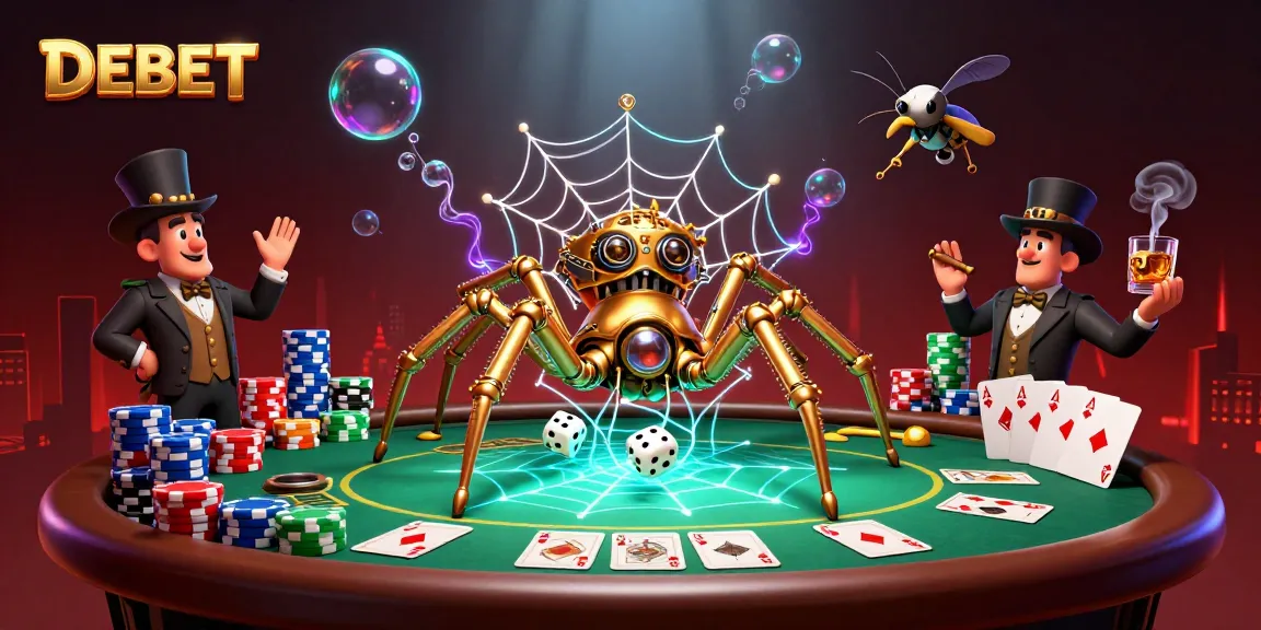 Experience DEBET with a steampunk spider and gambling elements in a vibrant 3D illustration.