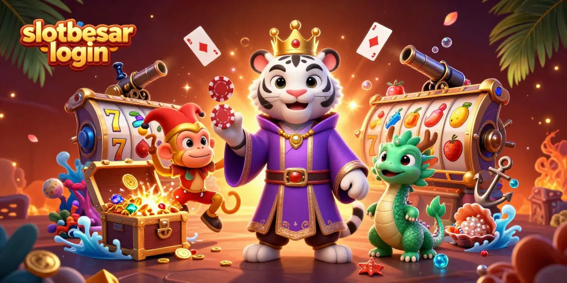 Experience the excitement of slotbesar login with a vivid illustration featuring a royal tiger, juggling monkey, and jade dragon in a vibrant casino scene.