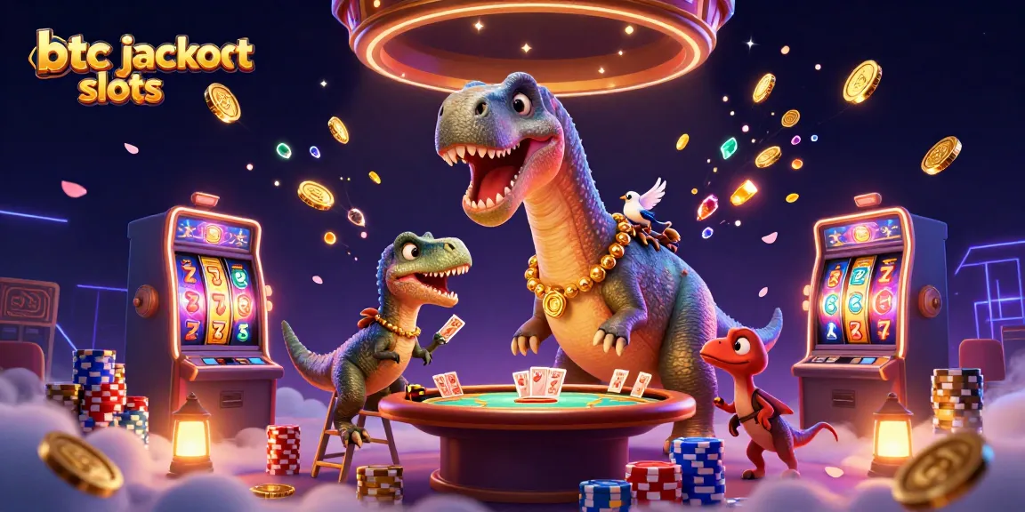 Experience btc jackpot slots in a vibrant casino scene with thrilling characters and dynamic elements.