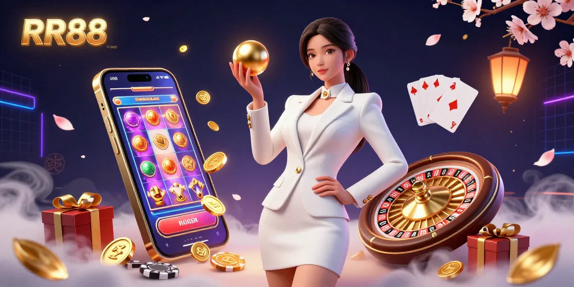Experience thrilling gameplay at RR88 with vibrant casino elements and a confident player amidst dynamic action.