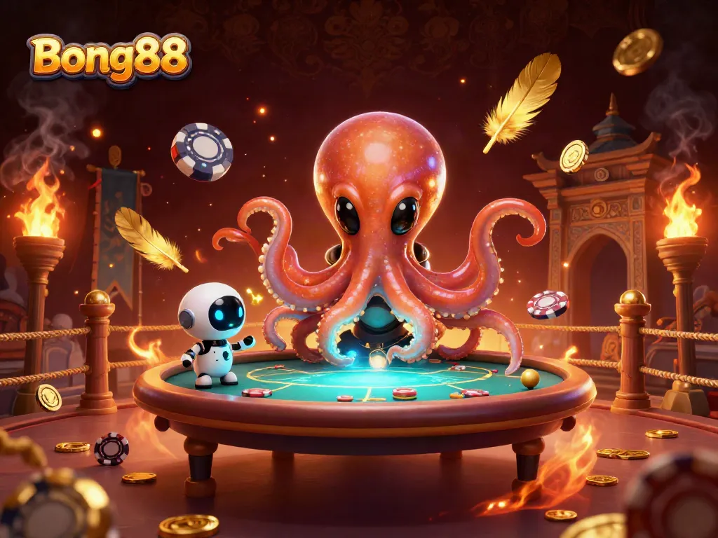 Engage in thrilling poker action with Bong88 as an alien octopus presides over a holographic table.