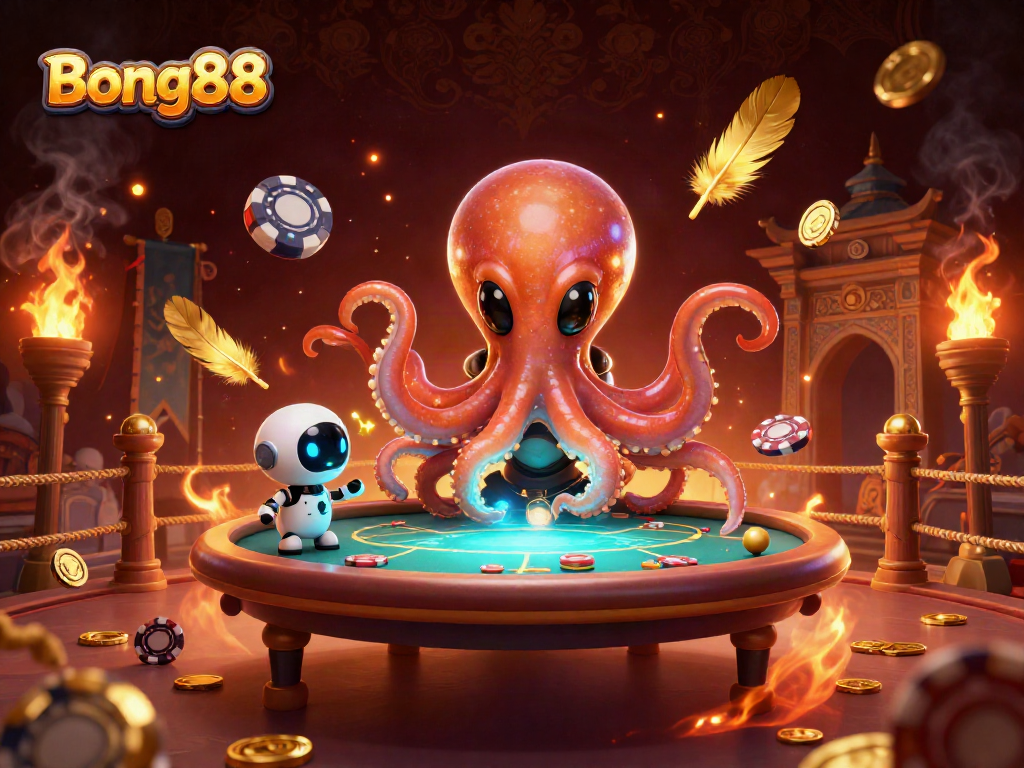 Engage in thrilling poker action with Bong88 as an alien octopus presides over a holographic table.