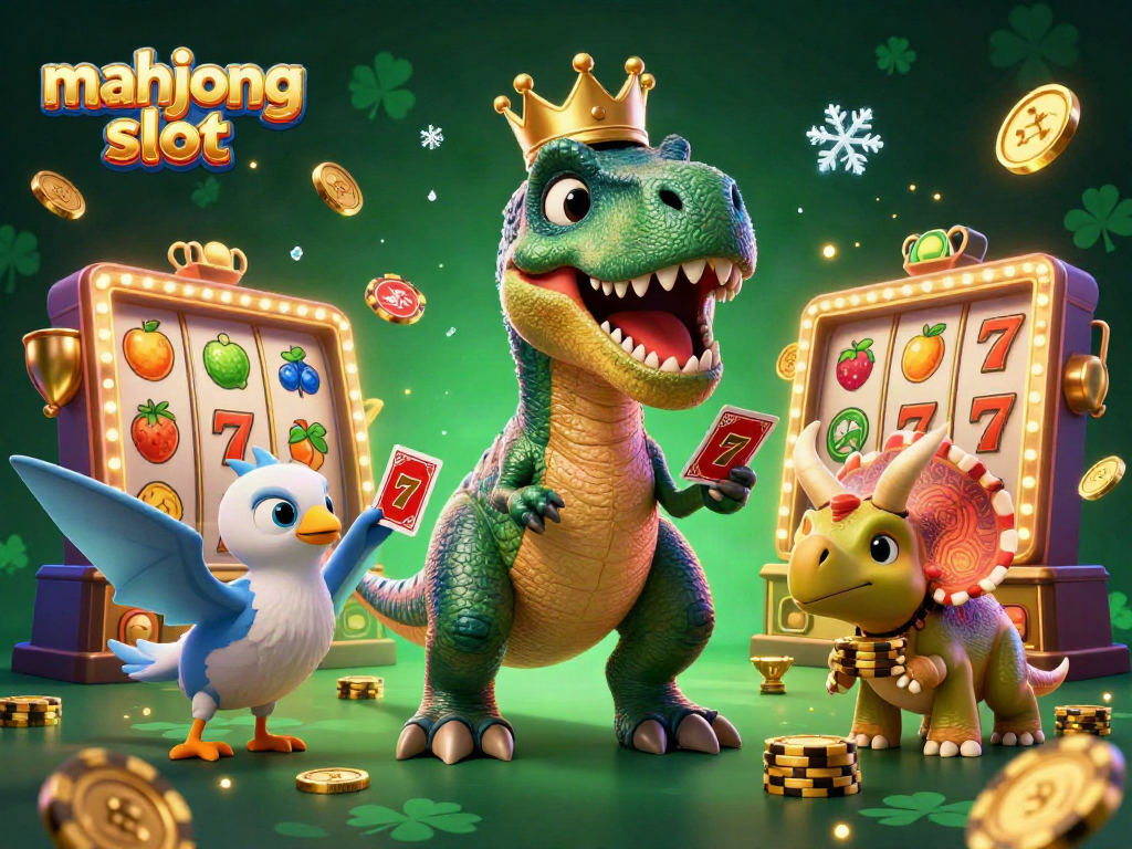 Experience the mahjong slot excitement with a dinosaur dealer stacking chips and slots!
