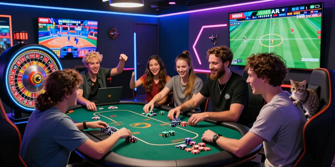 A lively gaming environment at MBM娛樂城 with friends cheering at roulette and poker games, illuminated by neon lights.