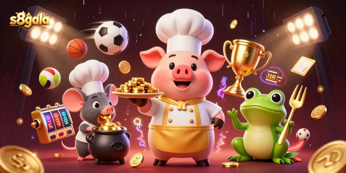 Engage in thrilling gameplay at s8gala with a chef pig serving gold coins amid dynamic sports betting action.