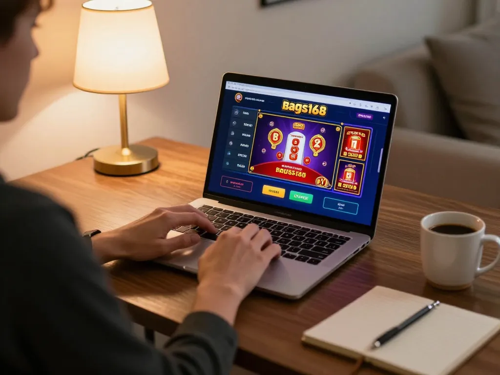 Bags168 player enjoying online casino gaming on laptop with poker interface