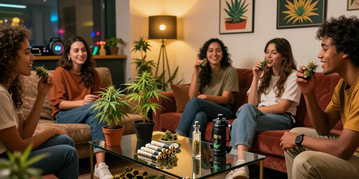 Freunde entspannen in einer gemütlichen Cannabis-Lounge mit hochwertigen Moonrocks-Produkten.