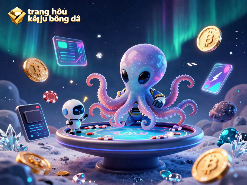 Online gambling scene featuring trang chủ kết quả bóng đá with an alien octopus at a holographic poker table, Bitcoin and Ethereum coins
