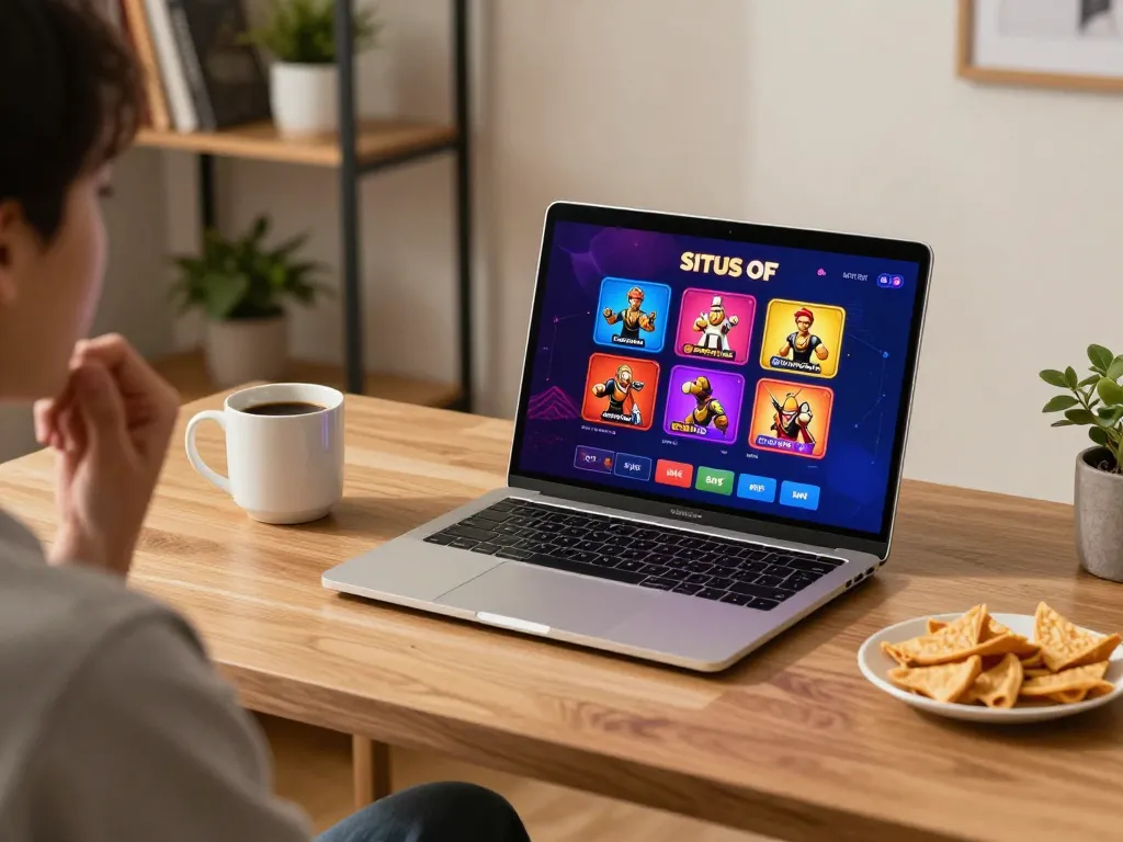 Situs slot online gameplay scenario with laptop and cozy home environment.