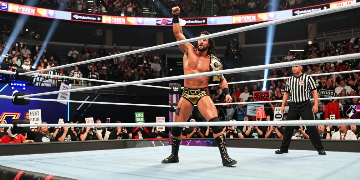 Roman Reigns title reign during a championship match, showcasing the excitement and energy of professional wrestling.
