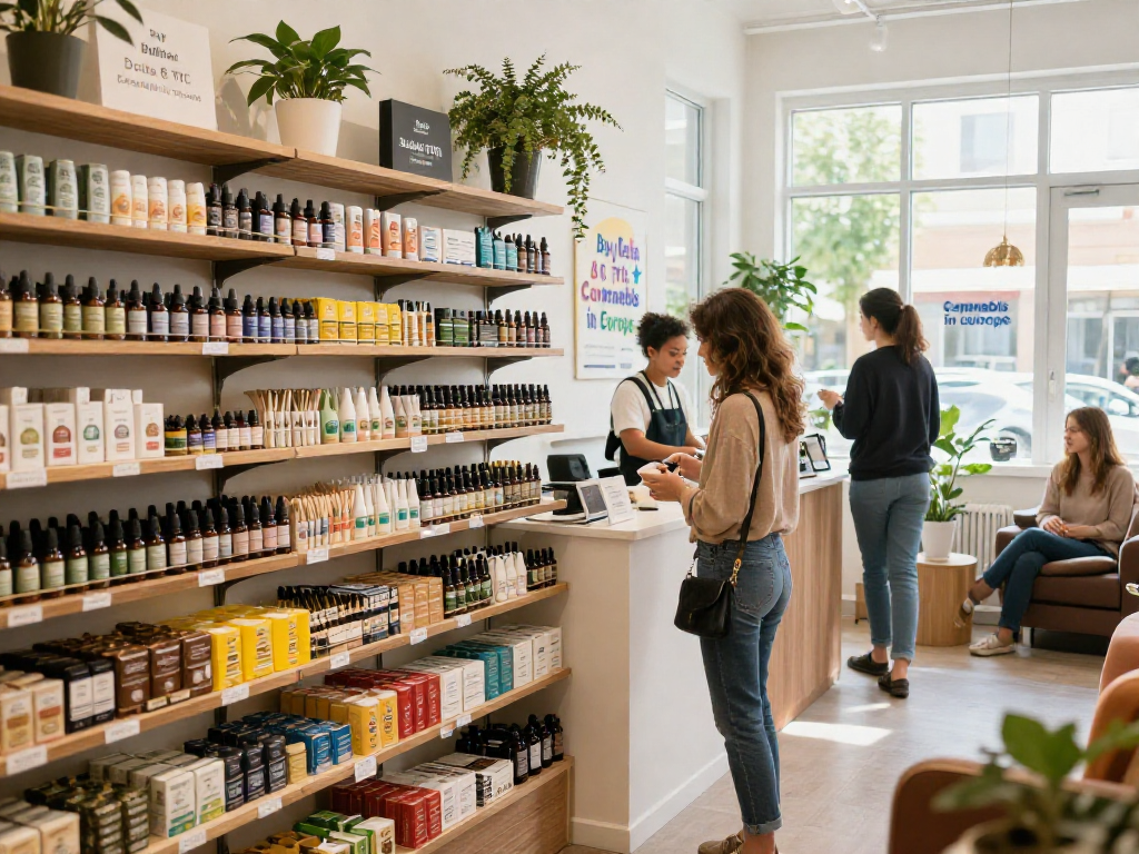 Buy Delta 8 THC Cannabis in Europe showcased in a modern dispensary, with friendly staff and inviting atmosphere.