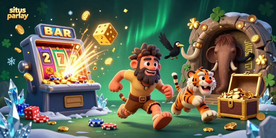 Caveman duo running a prehistoric casino, highlighting situs parlay with colorful casino action and elements.